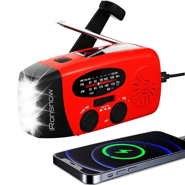 iRonsnow Solar Emergency Hand Crank Weather Radio, Portable Self Powered NOAA AM/FM Radios with SOS Alarm LED Flashlight 2000mAh Smart Phone USB Charger for Camping (Red)