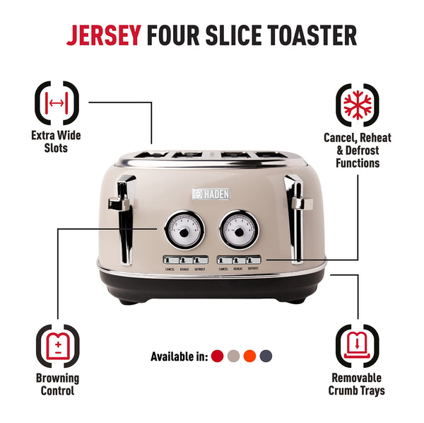 Haden Jersey Putty Retro 4 Slice Toaster - 4 Slot Toaster with Dual Control & Adjustable Browning - Stainless Steel Housing - Essential Kitchen