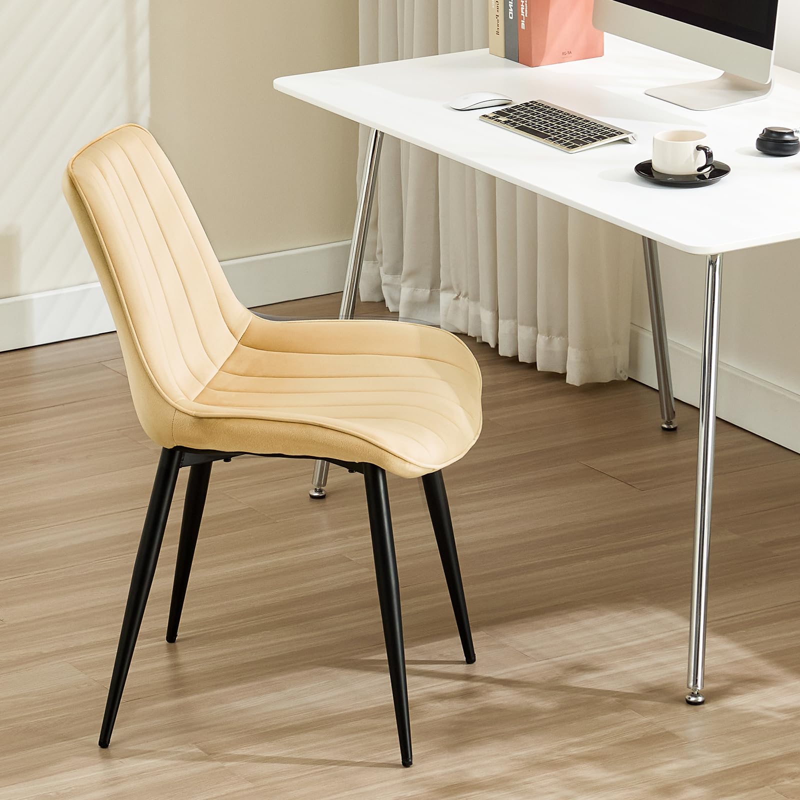 LONGTOO Set of 6 Dining Chairs with Velvet Upholstered Seat & Backrest,Stable Metal Legs,Modern Stripe Design,Champagne