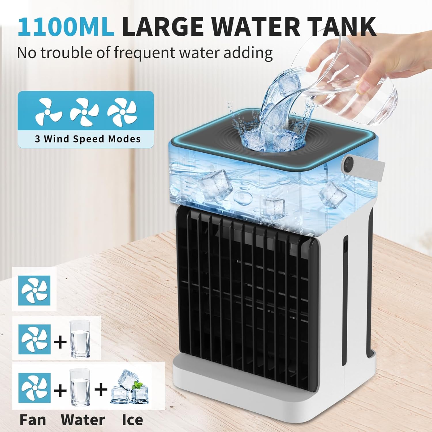 Portable Air Conditioner with Remote Control,Dual Motor & Dual Fan,1100ML Mini Air Conditioning Unit 2-8H Timer 6 Led Lights 3 Speeds 3 Mist Mode,USB Air Cooler Fan for Home Bedroom