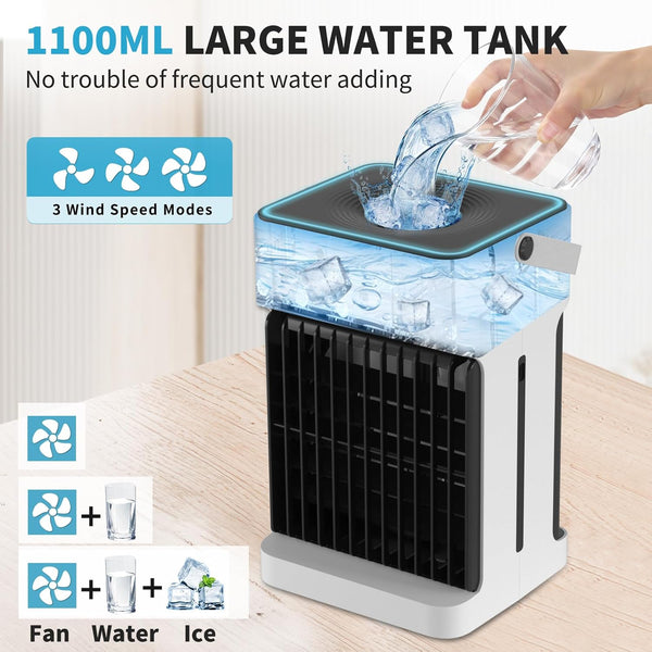Portable Air Conditioner with Remote Control,Dual Motor & Dual Fan,1100ML Mini Air Conditioning Unit 2-8H Timer 6 Led Lights 3 Speeds 3 Mist Mode,USB Air Cooler Fan for Home Bedroom