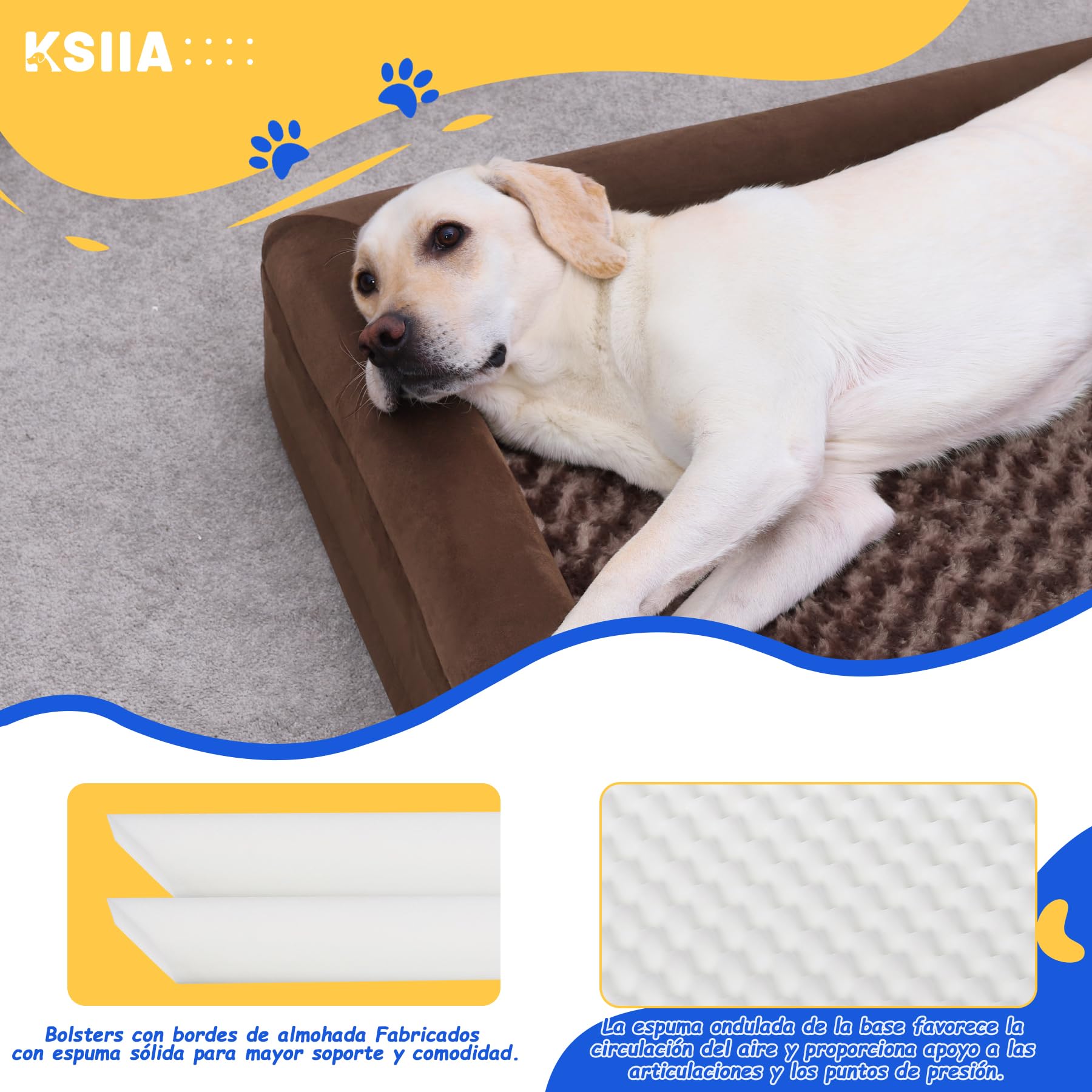 KSIIA Large Dog Bed, Orthopedic Dog Sofa Beds Couch with Removable Washable Cover, Waterproof Pet Sofa with U-Shape Bolster, Grey 88.9x55.88x16cm