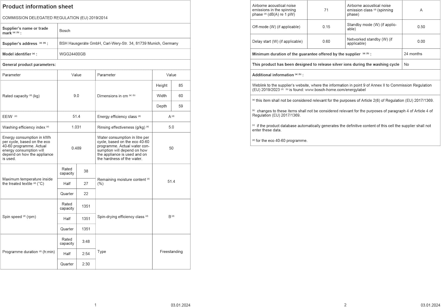 Bosch WGG24400GB Series 6, Free-Standing Washing Machine, Front Loader, A Rated, 1400 rpm, Iron Assist, Speed Programme, 9 kg, White