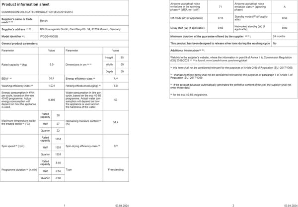 Bosch WGG24400GB Series 6, Free-Standing Washing Machine, Front Loader, A Rated, 1400 rpm, Iron Assist, Speed Programme, 9 kg, White