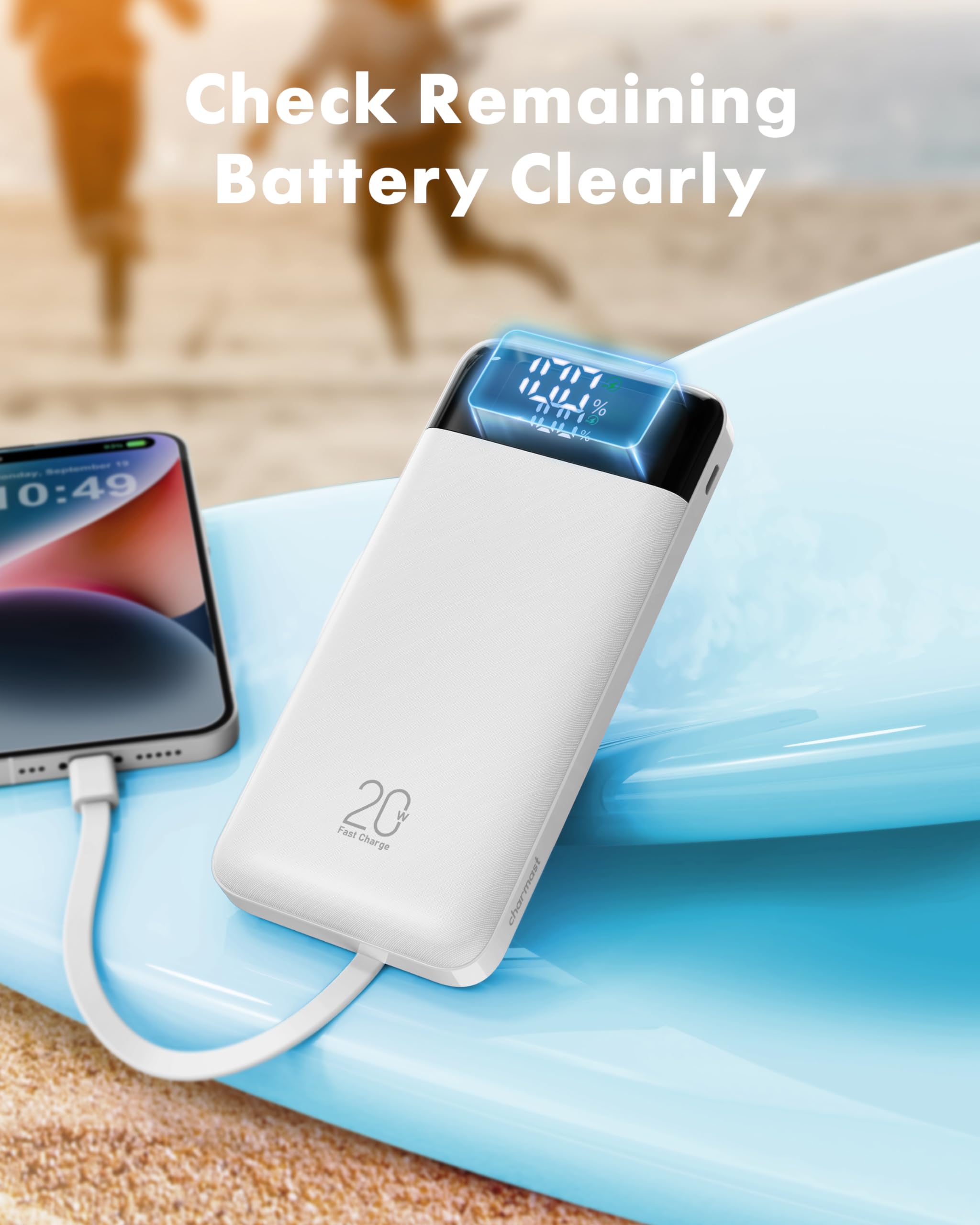 Charmast Power Bank 20000mAh with built-in Cables,Fast Charging 20W PD QC Quick Charge Portable Charger USB C compatiable with Smartphones Tablets and More