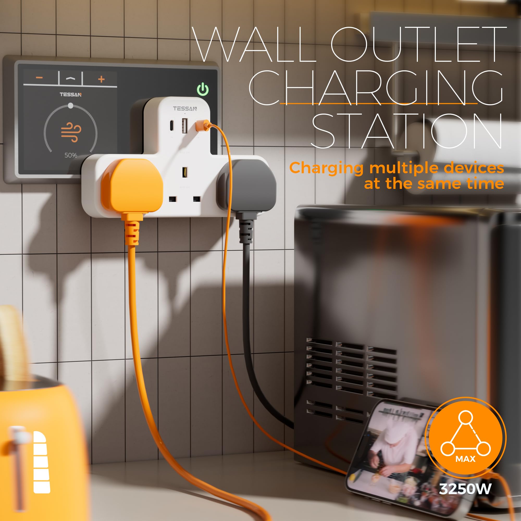 Plug Adapter, TESSAN Plug Extension Socket with 3 USB, 3 Way UK Multi Outlets Extender, Wall Charger for School Home, Kitchen, Office, School Supplies