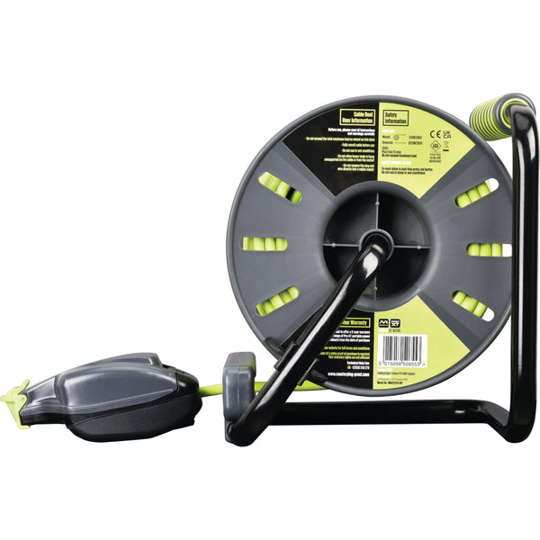 Masterplug Pro-XT Four Socket Open Cable Reel Extension Lead with Winding Handle, Thermal Cut Out and Power Switch, 25 Metres High Visibility Cable , Green