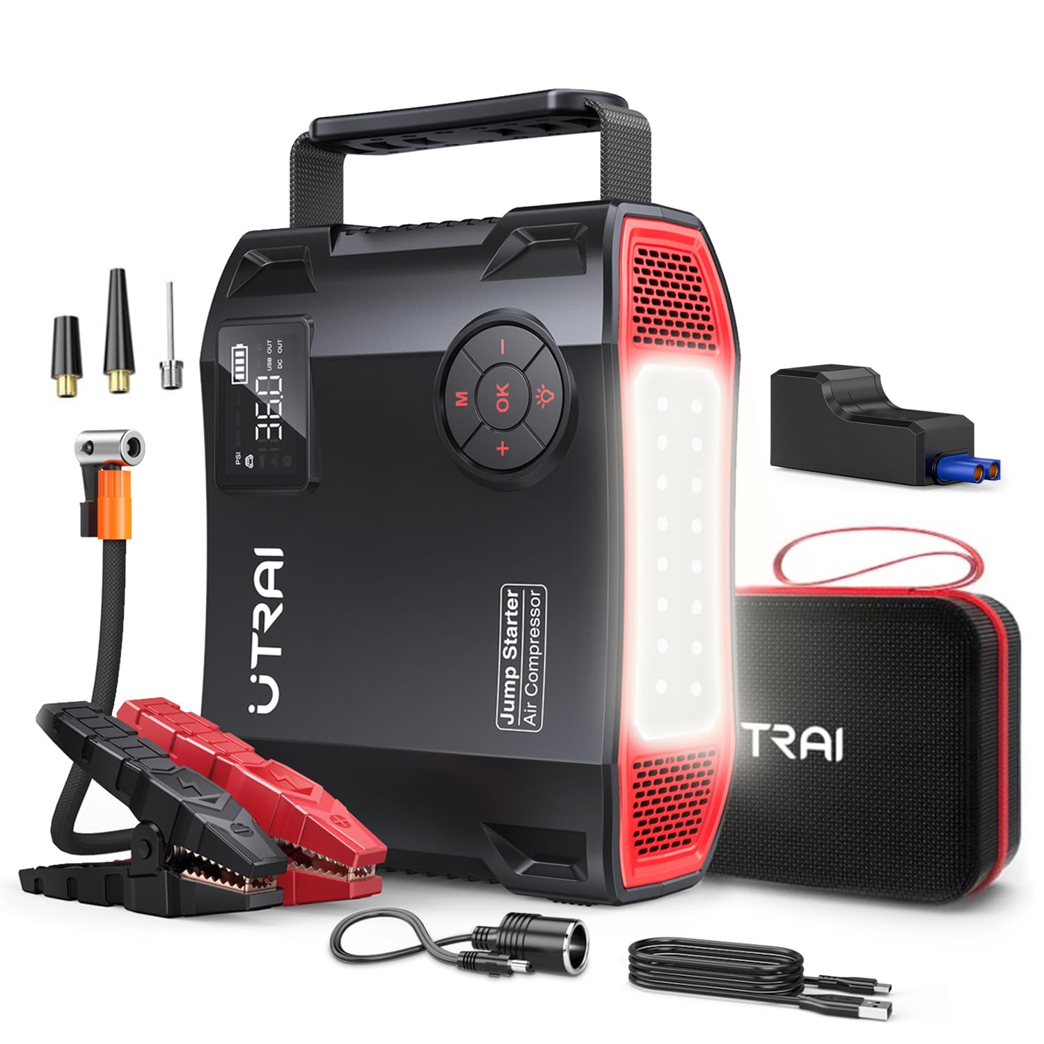 6000A Jump Starter Power Pack with 150PSI Air Compressor,UTRAI 27000mAh 12V Portable Emergency Car Battery Booster Jump Starter for All Gas/8L Diesel,DC160W,QC3.0,18W Fast Charging,LED Flashlight