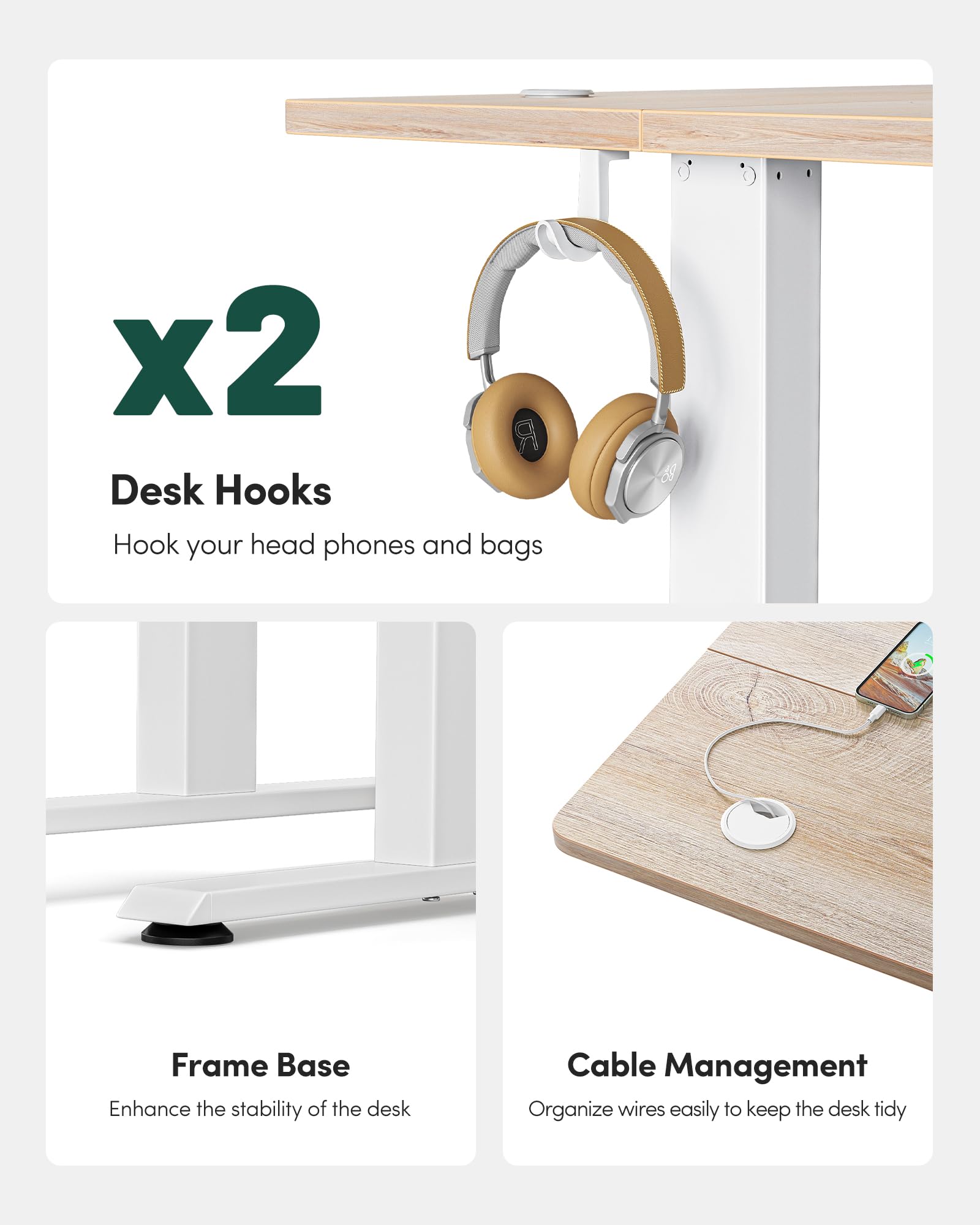 FEZIBO Height Adjustable Electric Standing Desk, 120 * 60 cm Stand up Table, Sit Stand Home Office Desk with Splice Board, White Frame/Maple Top