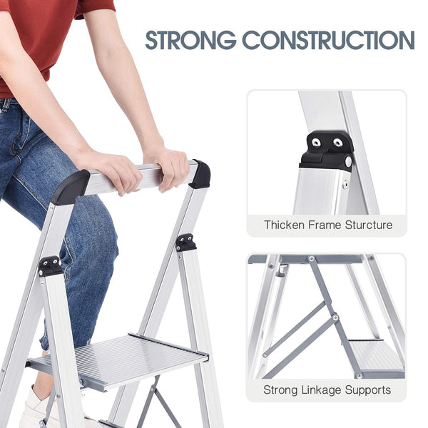 KINGRACK 2 Step Ladder with Handrail, Non-Slip Household Ladder with Folding Safety, Aluminium Folding Step Stool, Maximum Load 150 kg, Black