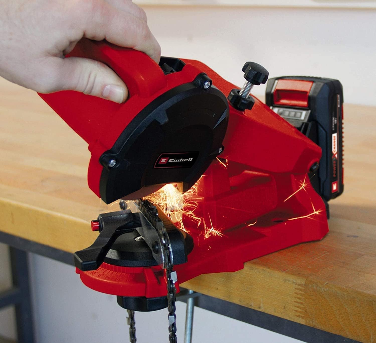Einhell Power X-Change 18V Cordless Chainsaw Sharpener - Depth Stop, Chain Tensioner, Precision Angle Adjustment, Mounting Plate - GE-CS 18 Li Solo