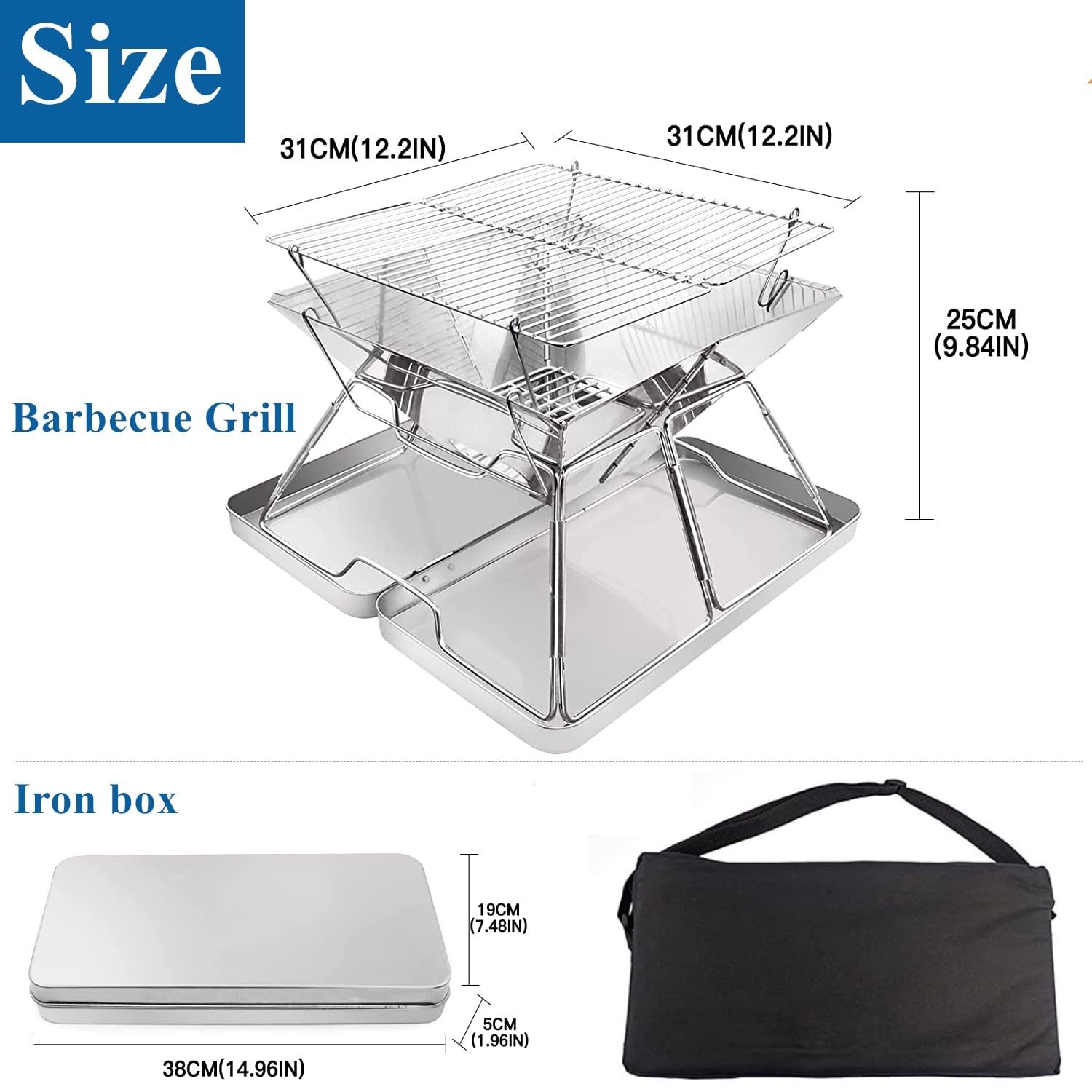 KAHEIGN Stainless Steel Fire Pit, Foldable BBQ Grill Rack Portable Campfire Pit Liftable Wood Burning Charcoal Grill for Camping Picnic Patio Backyard