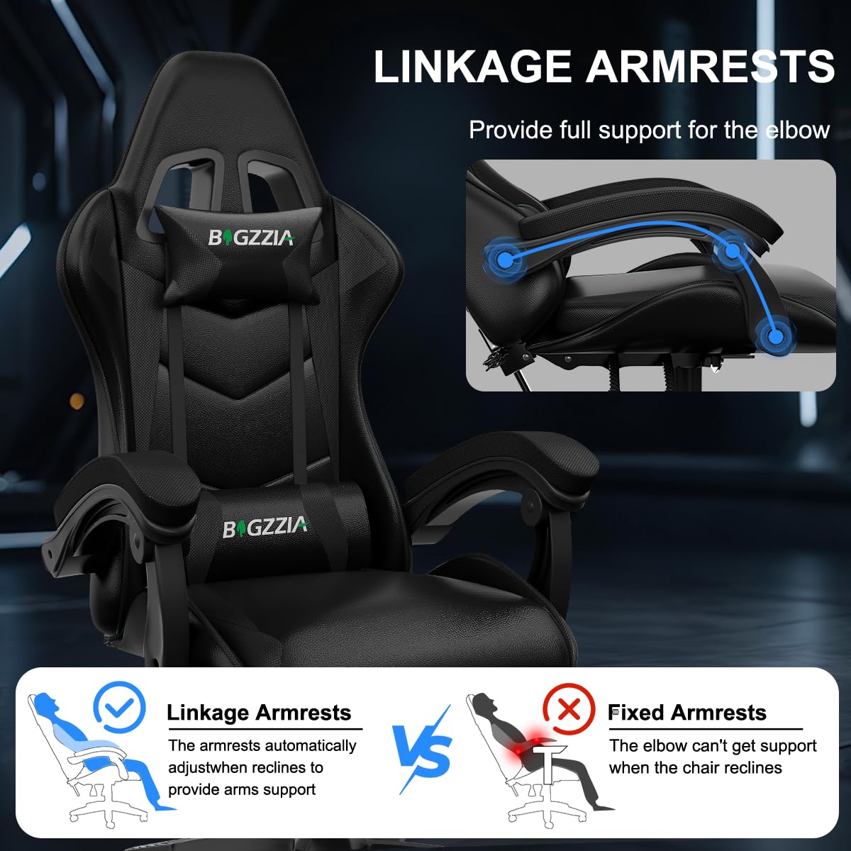 bigzzia Ergonomic Gaming Chair - Gamer Chairs with Lumbar Cushion + Headrest, Height-Adjustable Office & Computer Chair for Adults (without footrest, White)