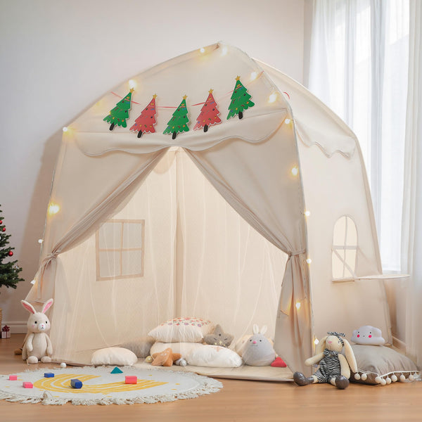 besrey Kids Play Tent Playhouse for Indoor & Outdoor – Spacious Design with Windows, Christmas Tree Flag & Lights Included
