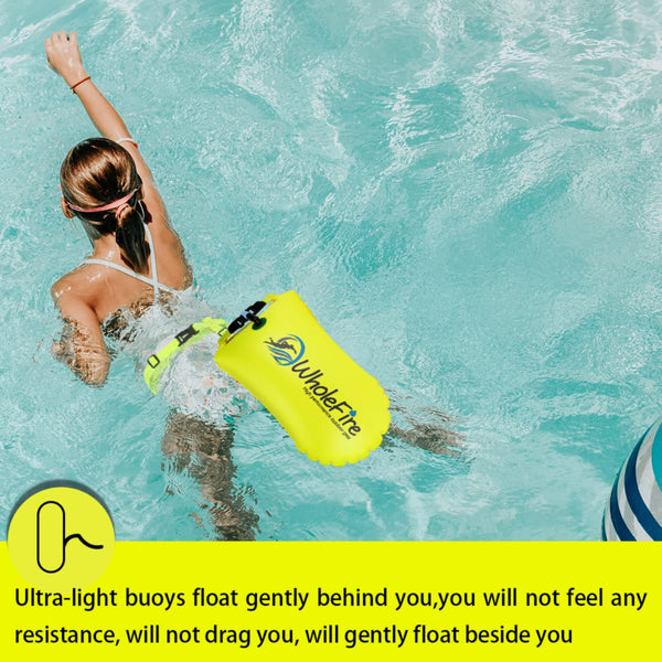 WholeFire 20L Swim Buoy Waterproof Inflatable Dry Bag Swim Safety Float for Water Sports, Open Water Swimmers, Triathletes, Kayakers and Snorkelers