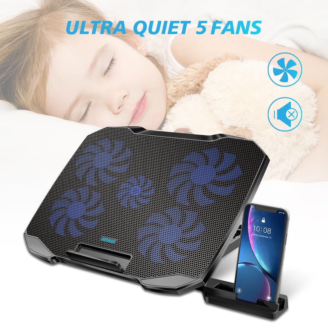 AIMIUZI Laptop Cooling Pad, Laptop Cooler for 12-15.6 Inch Notebooks, Laptop Cooling Stand with 5 Quiet Fans, 5 Height Adjustable, 2 USB Ports, Phone Stand (Black)