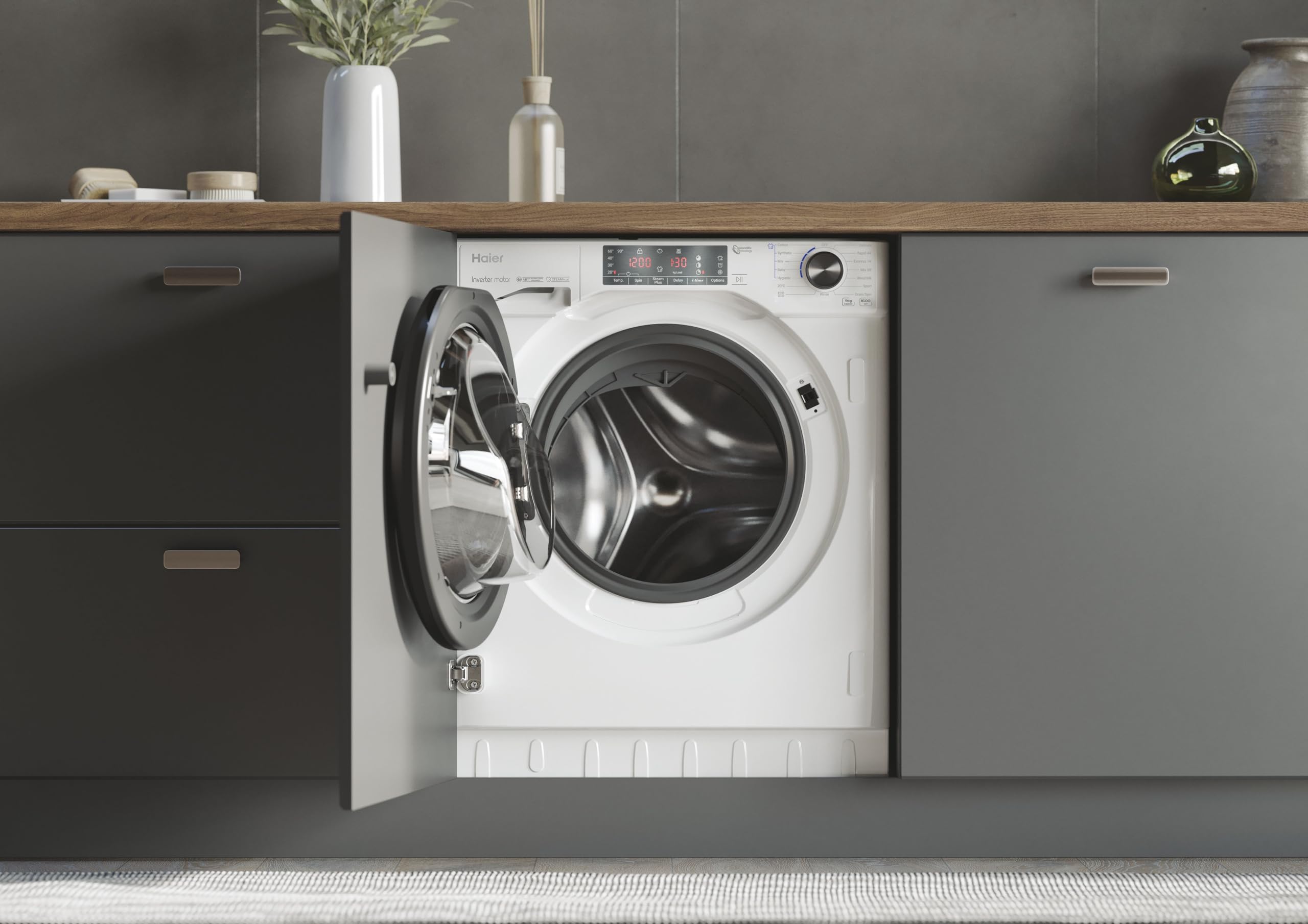 Haier HWQ90B416FWB-UK 9kg Integrated Washing Machine, A Rated, White & Black