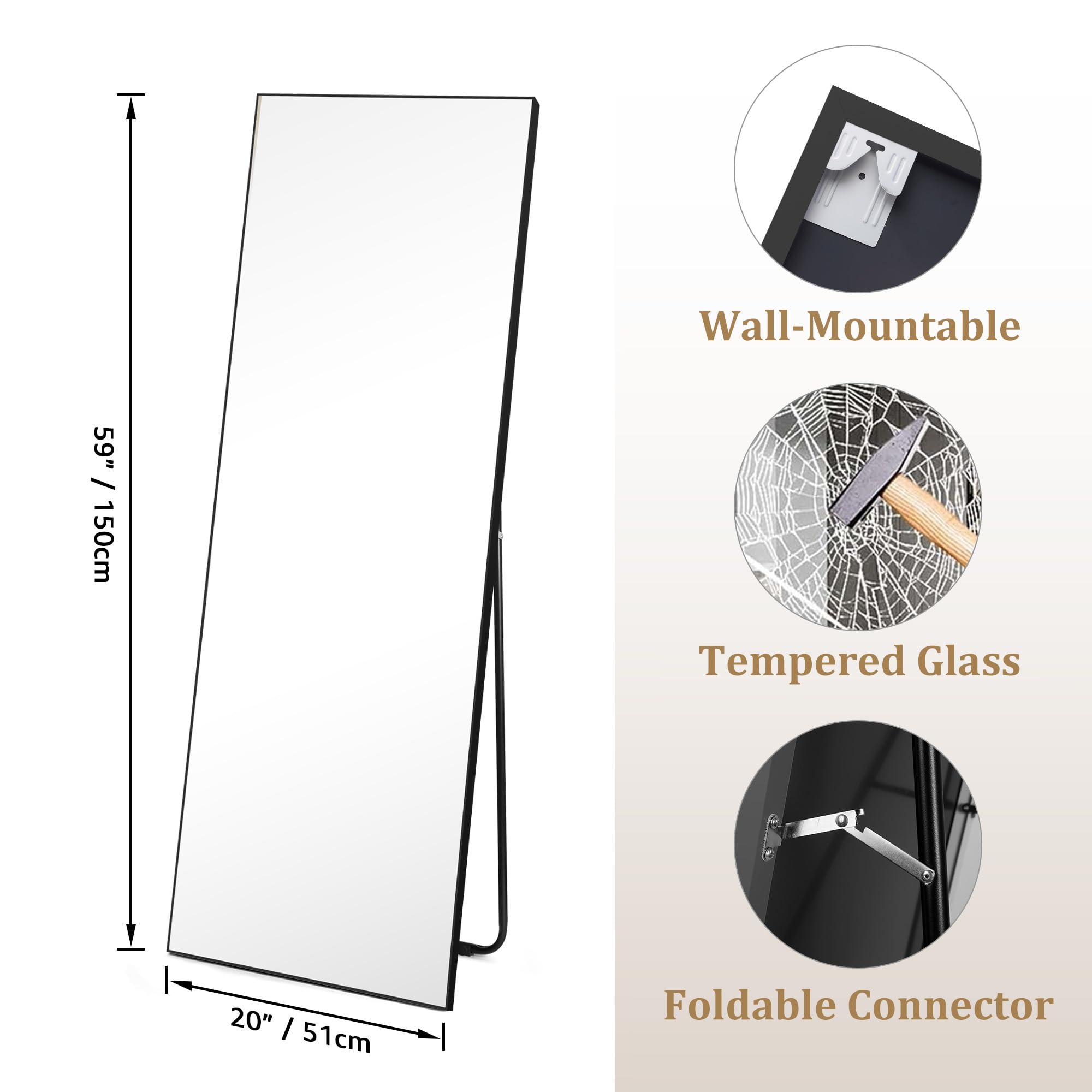Hoikwo Full Length Mirrors 150x51cm (59x20 inches),Standing Mirror with Black Frame for Bedroom, Living Room or Bathroom