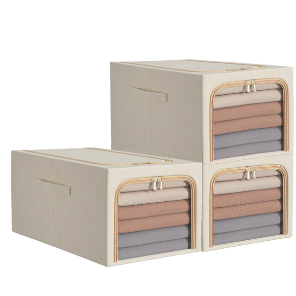 55L Clothes Storage Bag, Collapsible Storage Box, Stackable Metal FrameThick Oxford cloth Protect from Moisture Dust Handle Double Opening Zipper for