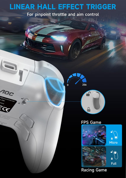 AOC Wireless Gaming Controller for PC/Switch/iOS/Android/PS4, Interactive Screen, Hall Effect Stick & Dual-Mode Trigger, RGB Lighting, Customizable Buttons, Bluetooth/2.4G/Wired (White)