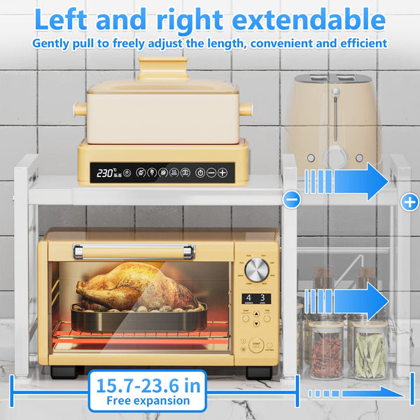 EKNITEY Microwave Shelf Stand - Expandable Countertop Microwave Stand - 2 Tier Pan Rack Microwave Oven Rack with Spice Organizer and 6 Hooks for