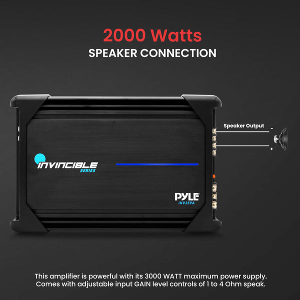 Pyle 12” Pyle Class AB Mosfet Amplifier - Invincible Series Bridgeable Amp, 2 Channel 2000 Watts Max, Mosfet PWM Power Supply, High-Current Dual Discrete Drive Stages, Advanced Protection Circuitry