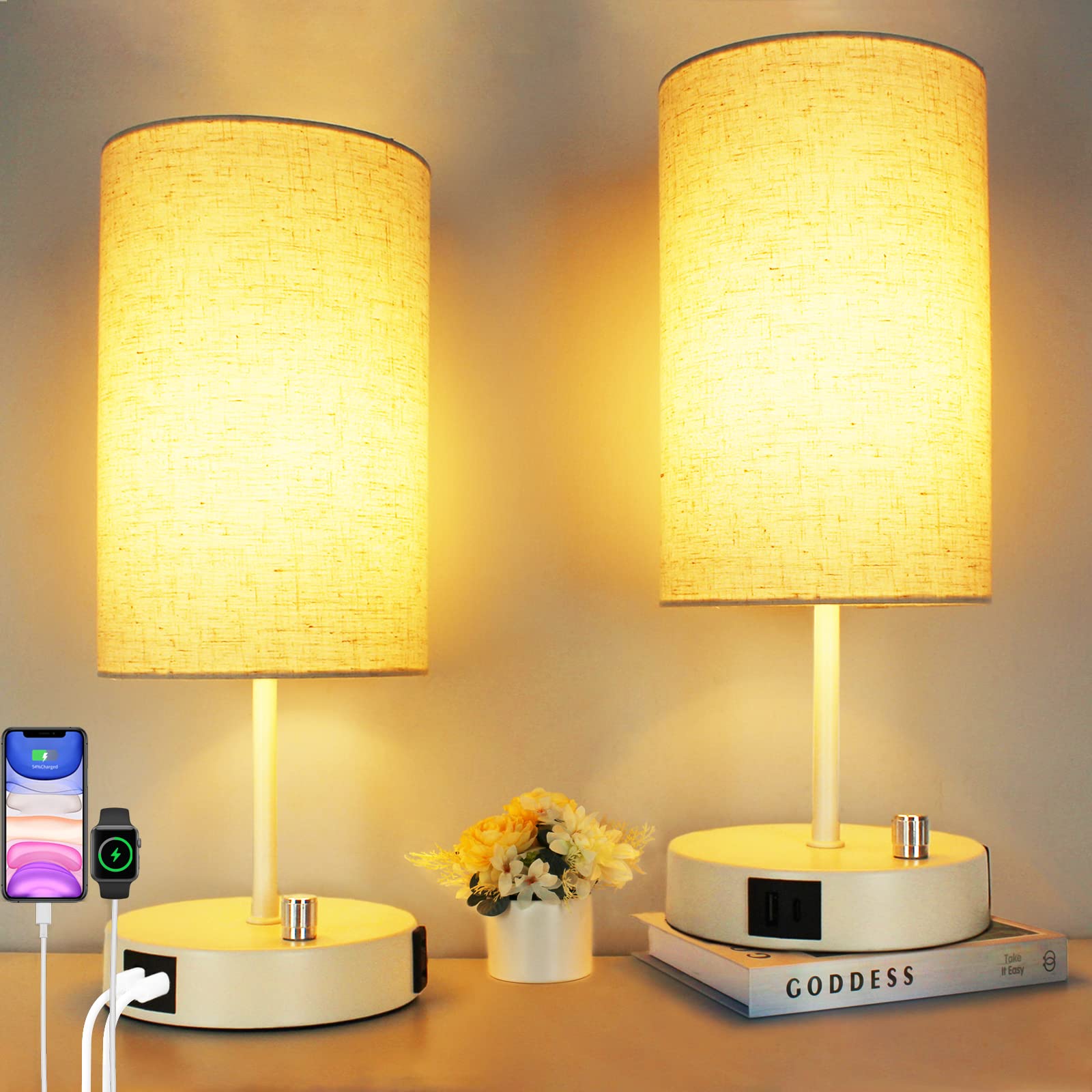 Allesgute Bedside Lamps Set of 2, 45cm Dimmable Table Lamp with USB A + C Charging Ports, Modern E27 Nightstand Light with Beige Shade for Bedroom