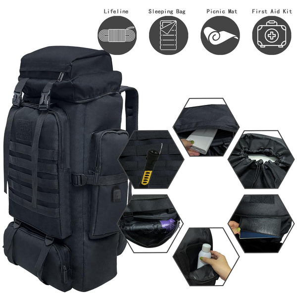 Ogetok 80L Hiking Backpack Camping Rucksack, 80 liters Large Capacity Outdoor Knapsack Travel Climbing Mountaineering Carry On Backpack Bag, Trekking Backpacking for Men Women, Black