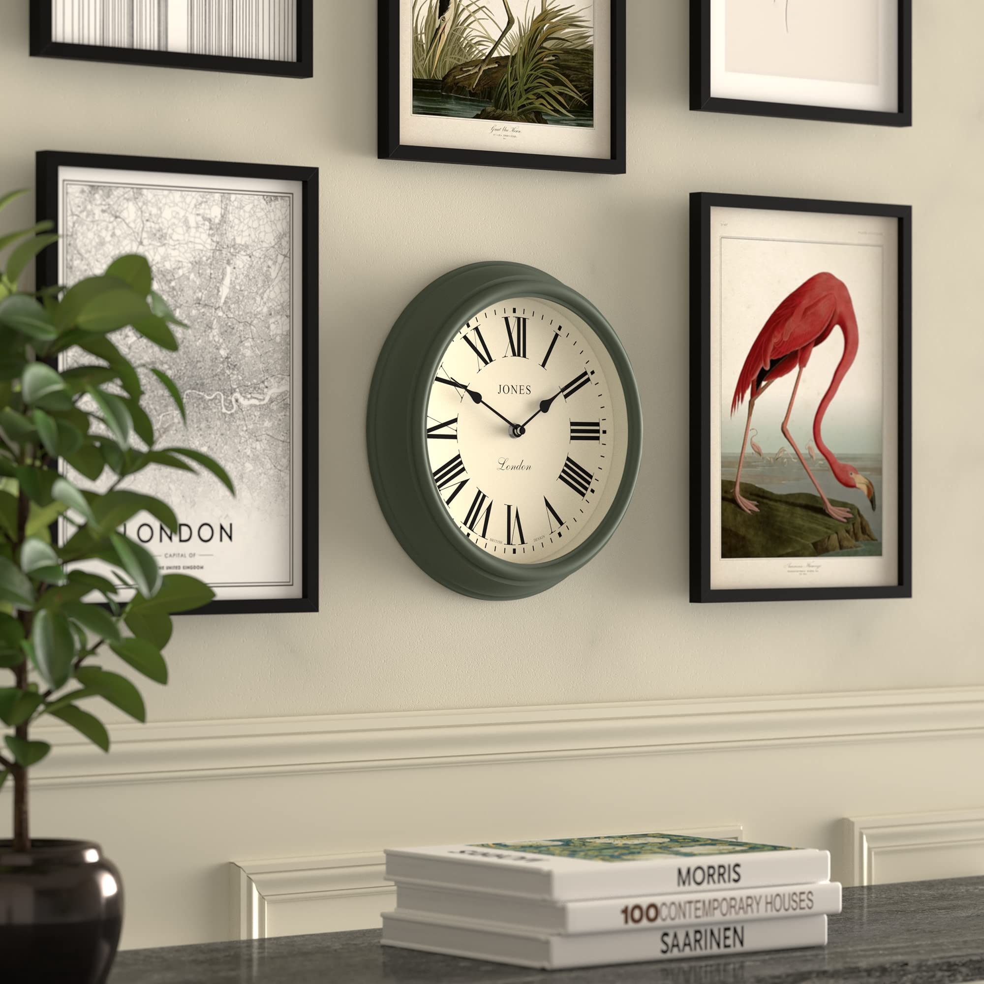 Jones Clocks Venetian wall clock | Classic round clock | 30cm | Green | Roman numerals | Traditional design ideal for kitchen, living room or bedroom