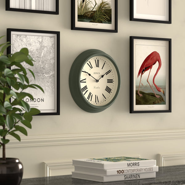 Jones Clocks Venetian wall clock | Classic round clock | 30cm | Green | Roman numerals | Traditional design ideal for kitchen, living room or bedroom
