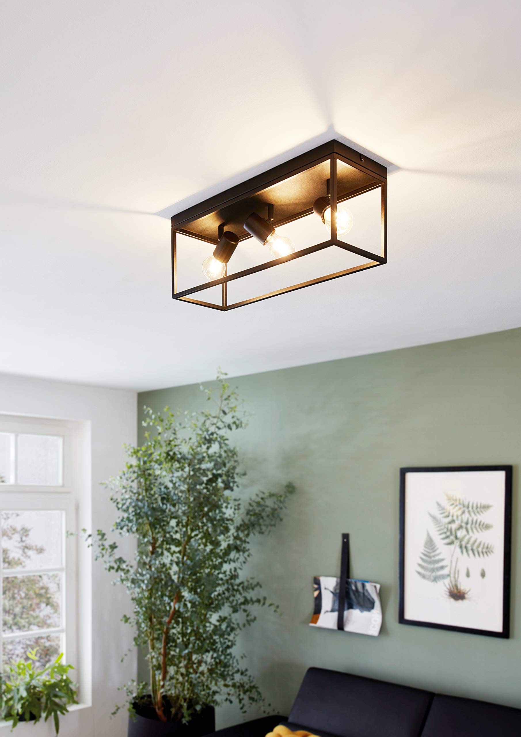 Eglo Silentina Flush Ceiling Light, Industrial Design Living Room, Kitchen, Hallway Lighting, Black Steel Ceiling Light Fitting, E27 Socket