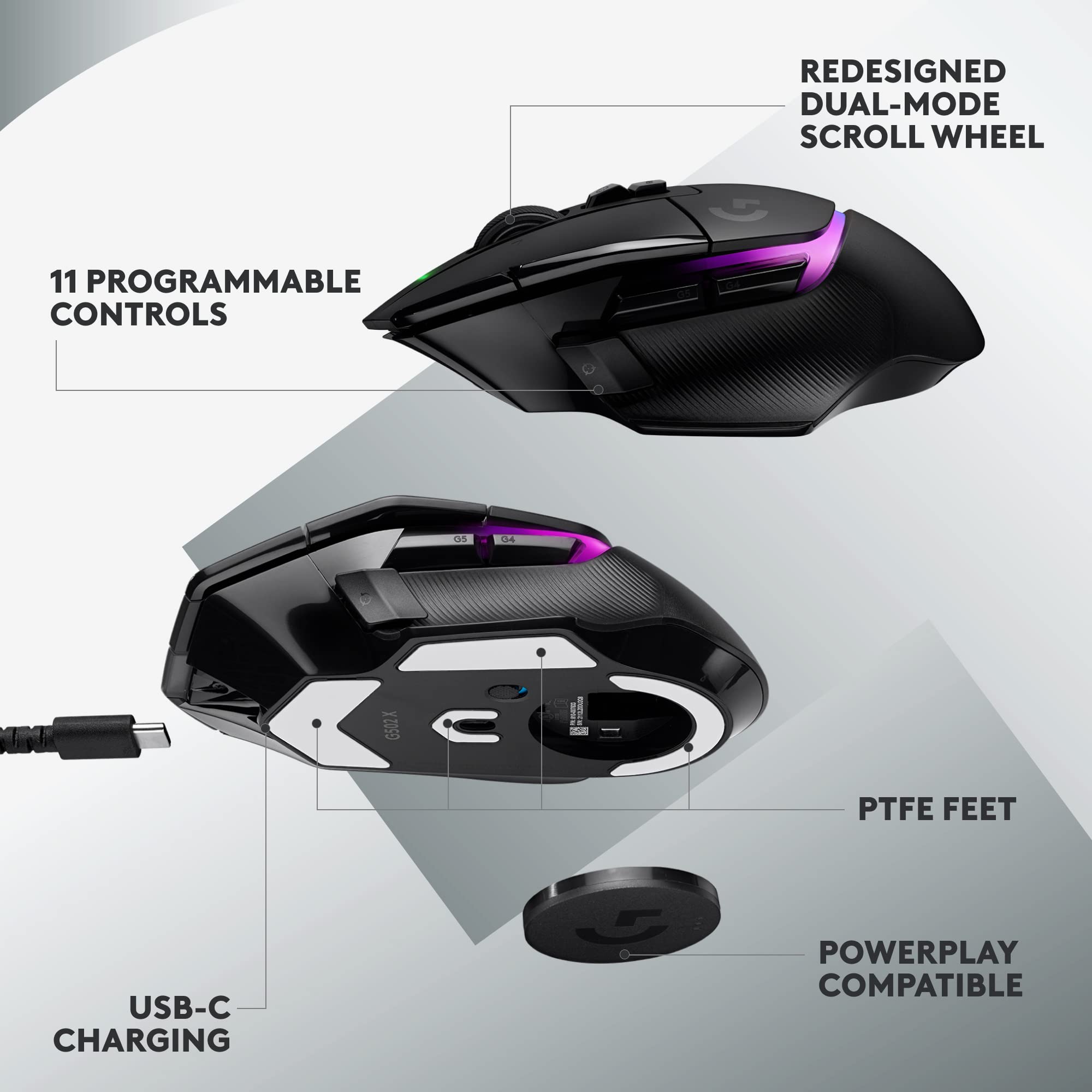 Logitech G G502 X PLUS LIGHTSPEED Wireless RGB Gaming Mouse - Optical mouse with LIGHTFORCE hybrid switches, LIGHTSYNC RGB, HERO 25K gaming sensor, compatible with PC - macOS/Windows - Black