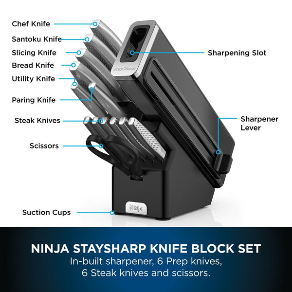 Ninja Foodi StaySharp Knife Block with Integrated Sharpener, 5-Piece Knife Set includes Chef, Bread, Slicing, Utility, Paring Knives, Stainless Steel K32005UK, Black