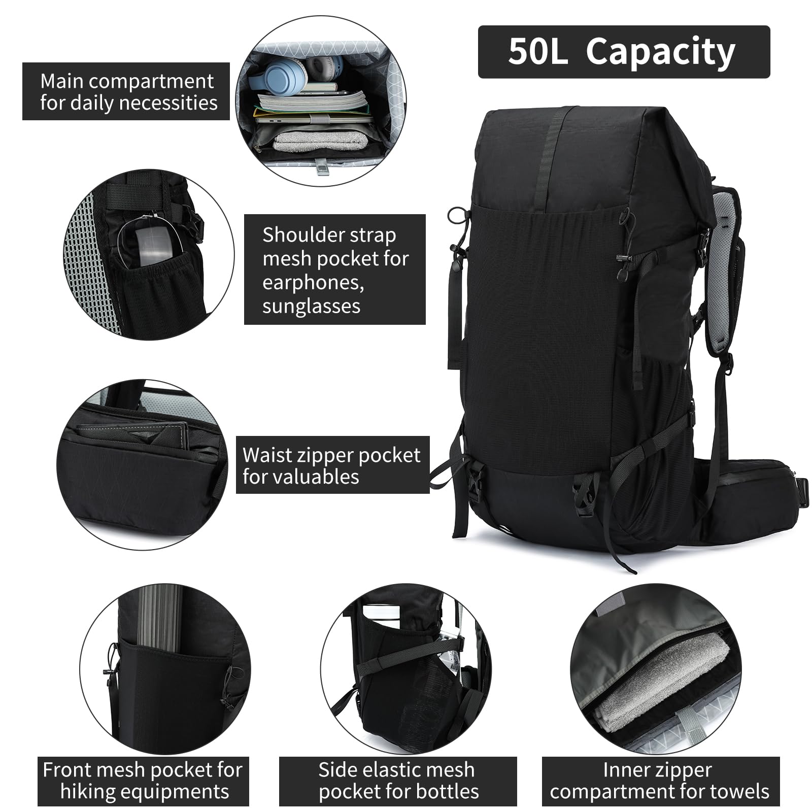 POWER KING 40L Expandable TO 50L Hiking Backpack,Upgraded X-PAC Scratch-proof Lightweight Large Rucksack for Mens Women, Outdoor Roll Top Camping Packsack, Fit for 15.6'' Laptop