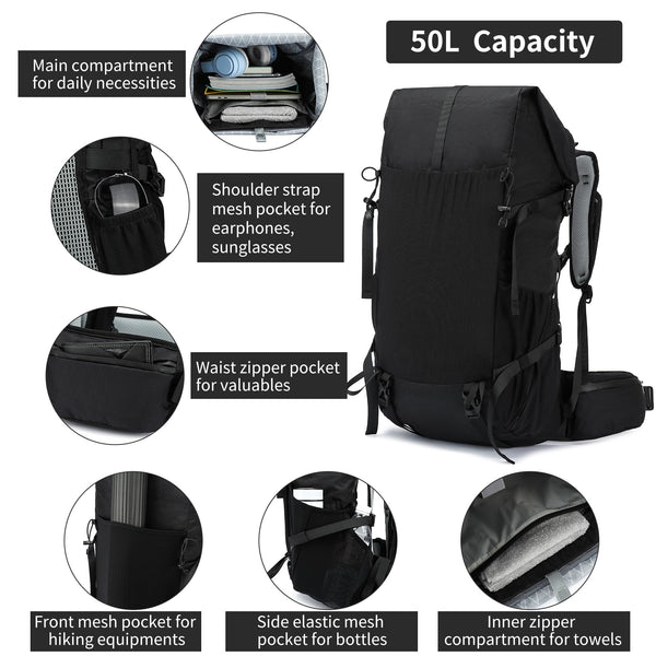 POWER KING 40L Expandable TO 50L Hiking Backpack,Upgraded X-PAC Scratch-proof Lightweight Large Rucksack for Mens Women, Outdoor Roll Top Camping Packsack, Fit for 15.6'' Laptop