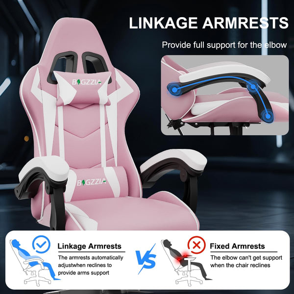 bigzzia Ergonomic Gaming Chair - Gamer Chairs with Lumbar Cushion + Headrest, Height-Adjustable Office & Computer Chair for Adults (without footrest, White)