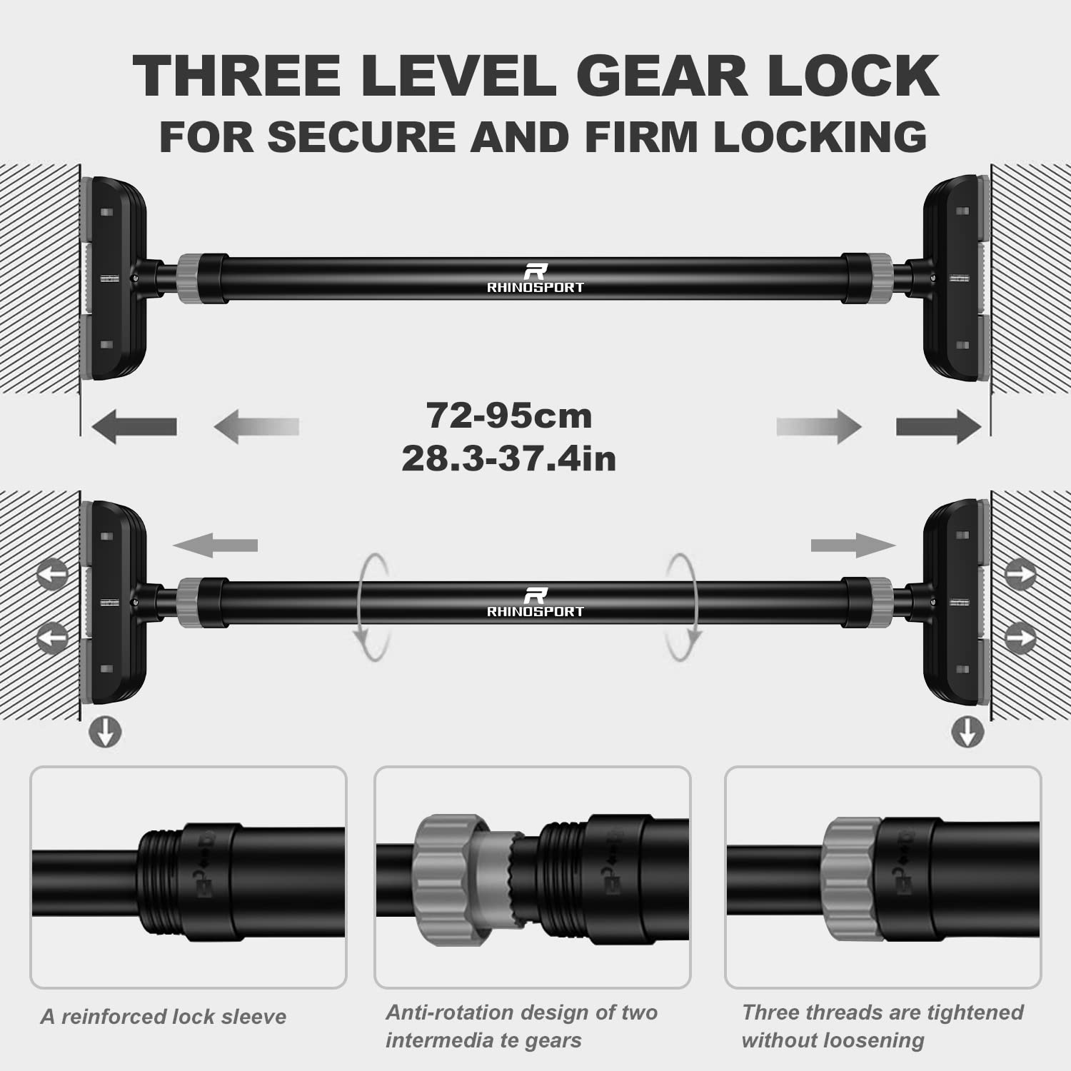 RHINOSPORT Door Pull Up Bar Doorway Chin Up Bar from 72-95 cm (28.3in-37.4in) Workout Equipment No Screws