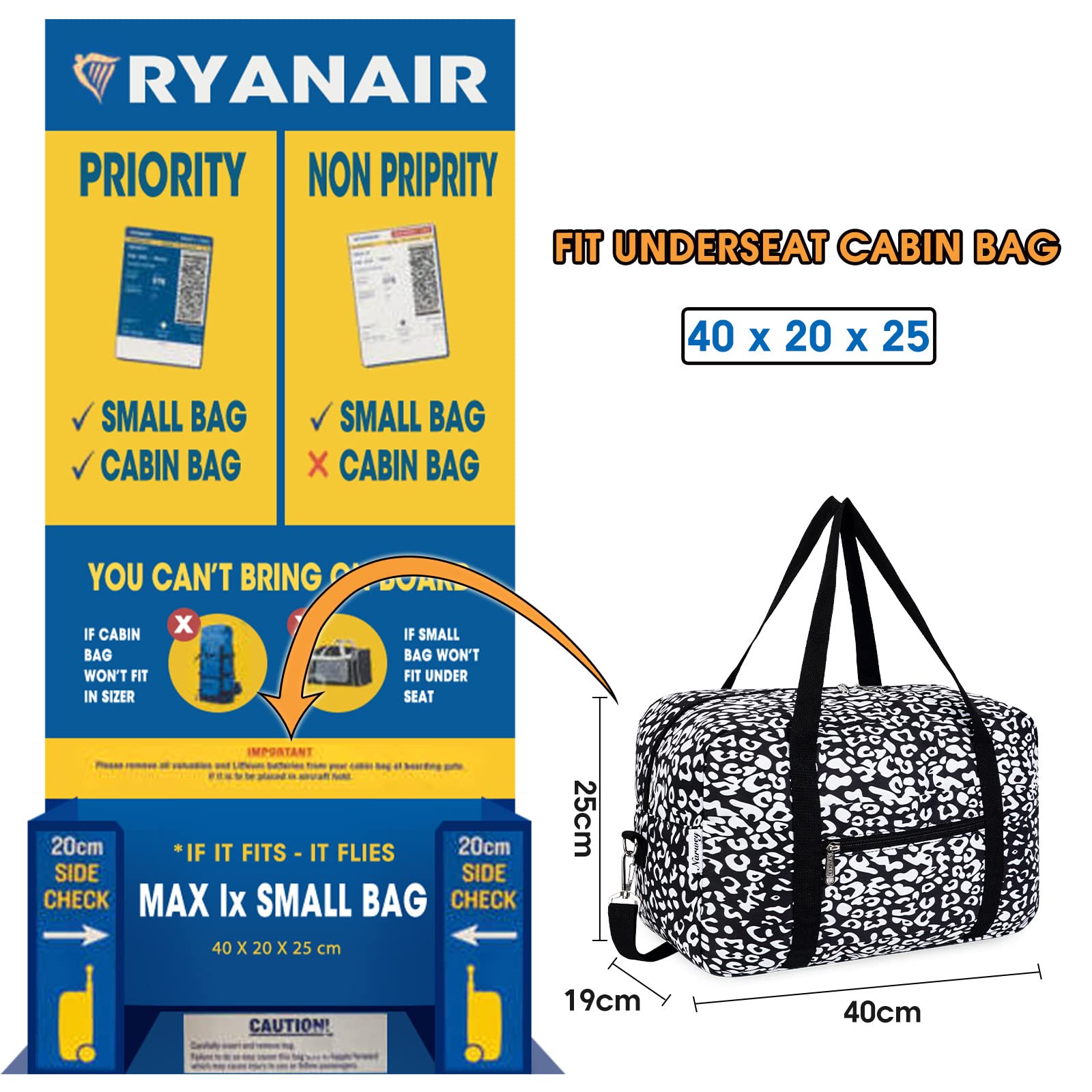 for Ryanair Airlines Cabin Bag 40x20x25 Underseat Foldable Travel Duffel Bag Holdall Tote Carry on Hand Luggage Overnight for Women and Men 20L (Black)