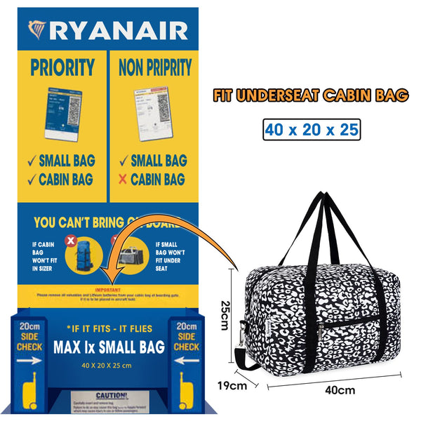 for Ryanair Airlines Cabin Bag 40x20x25 Underseat Foldable Travel Duffel Bag Holdall Tote Carry on Hand Luggage Overnight for Women and Men 20L (Black)