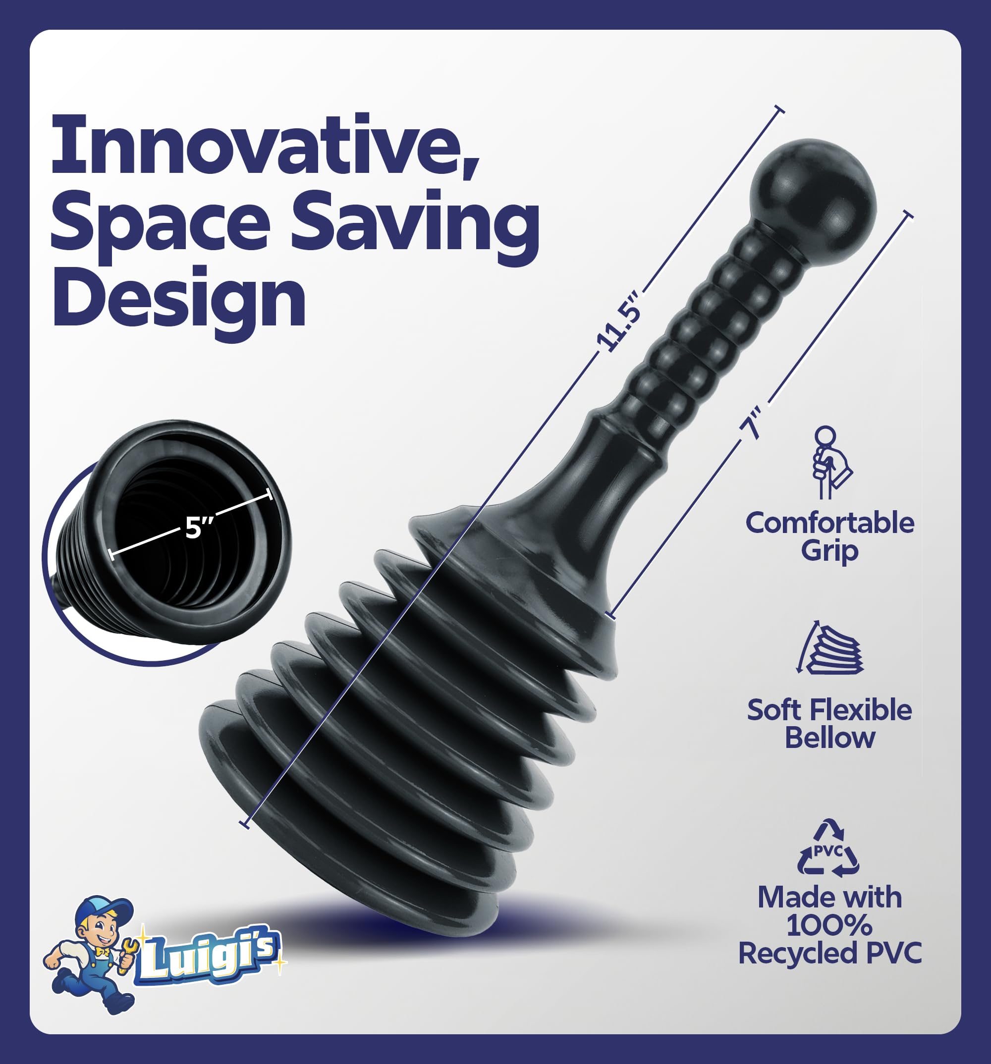 Luigi's Sink Plunger - Drain Plunger Sink Unblocker - Plungers for Unblocking - Drain Plungers for Bathroom Kitchen Bath Shower - Unblock Pump with Accordion Bellows