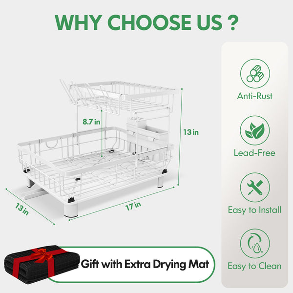 2 Tier Dish Drainer Rack, 2 Tier Dish Drainer with Drip Tray and Drying Mat, Stainless Steel Dish Drying Rack with 360 Swivel Drainage Spout, Utensil