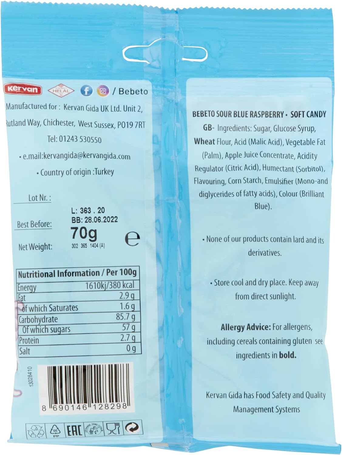 Bebeto Sour Blue Raspberry Spaghetti Sweets - Delicious Vegan Sweets & Halal Certified Single Pack, 70g