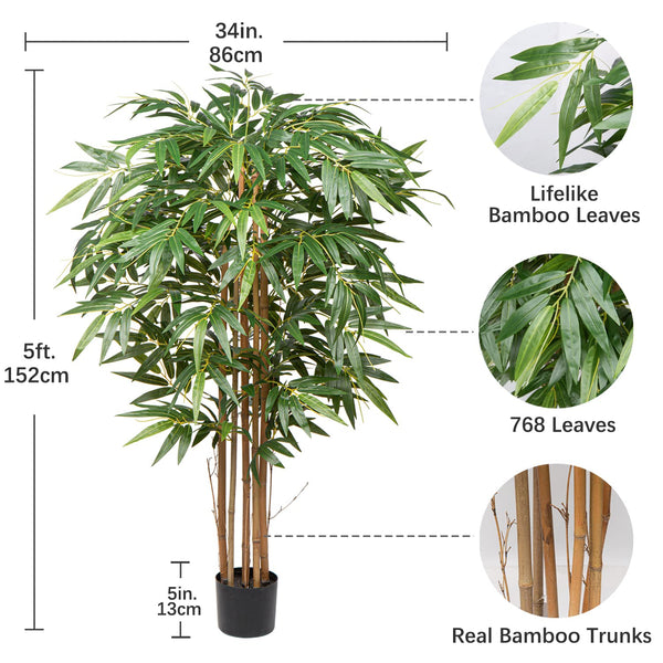 Hollyone 5ft Artificial Bamboo Plants Tall Artificial Plants, Decorative Fake Trees With Real Wood Trunks and Lifelike Leaves, for Home Living Room