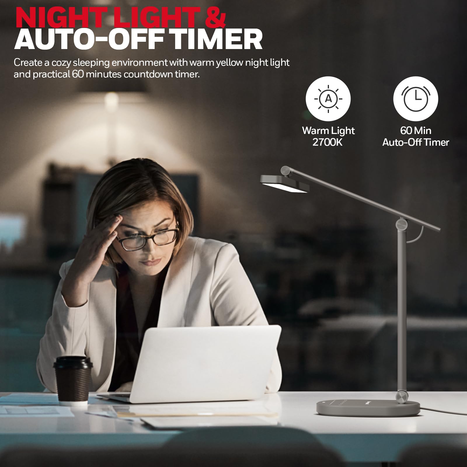 Honeywell LED Desk Lamp for Home Office - H4 Sunturalux™ Eye-Caring Desk Light, 14W Dimmable Table Lamp with 3 Color Modes, 5 Brightness Levels, Auto-Dimming, Timer, Touch Control Reading Lamp, White