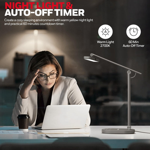 Honeywell LED Desk Lamp for Home Office - H4 Sunturalux™ Eye-Caring Desk Light, 14W Dimmable Table Lamp with 3 Color Modes, 5 Brightness Levels, Auto-Dimming, Timer, Touch Control Reading Lamp, White