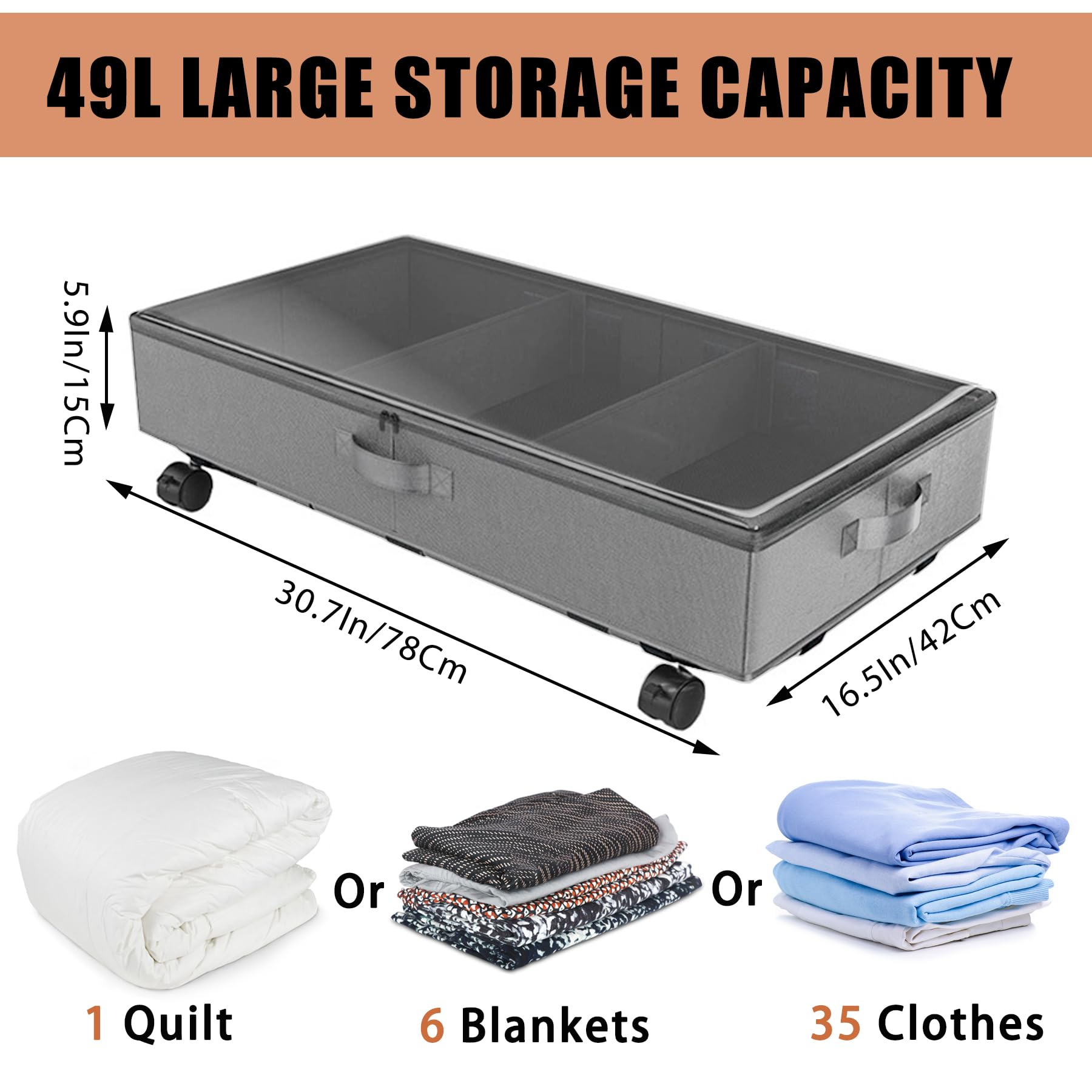 2 Pack Under Bed Storage Rolling Metal Frame Underbed Containers with Wheels Lid Visiable Window Storage Bag Box Organizer Home Closet Organization