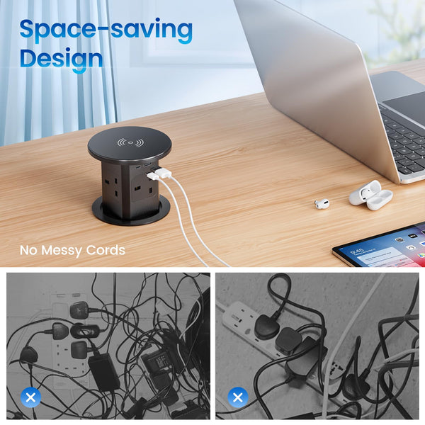 Pop up Socket, Pop up Sockets for Kitchen Worktops Automatic Pop up Power Outlet with 15W Wireless Charger, 7 in 1 Pop up Outlet for Desk Countertops, 4 * AC Outlet, 1 * USB-A, 1 * USB C