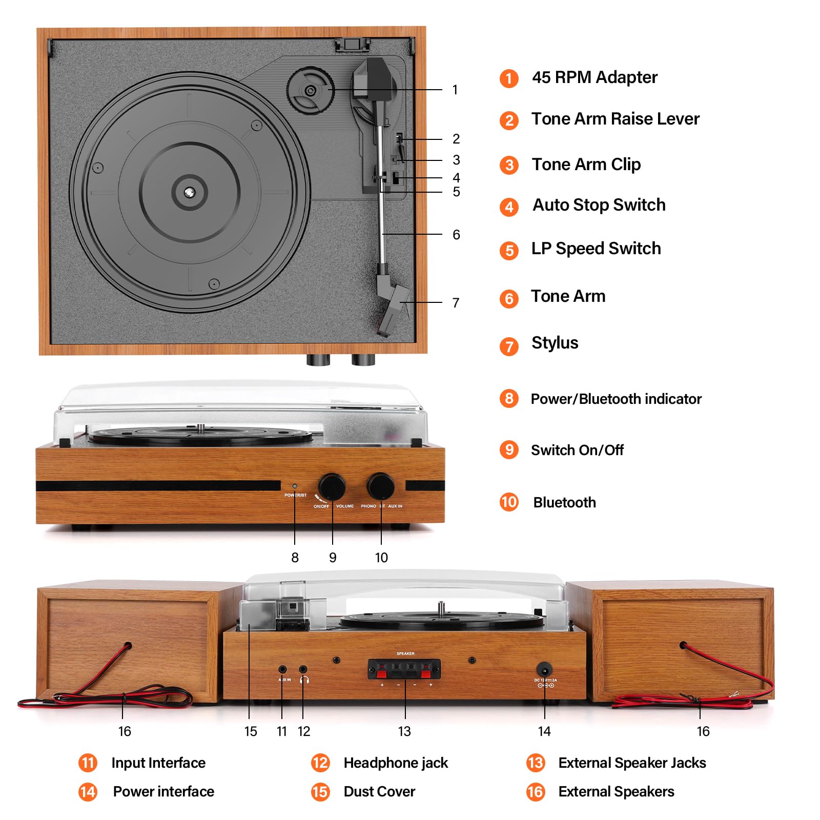 Retro Vinyl Record Player Bluetooth Desktop Phonograph Belt-Drive Turntable with External Speakers,Dual Stereo Speakers LP Players AUX Headphone Input RCA Out, 3 Speeds 3 Sizes Wood Brown
