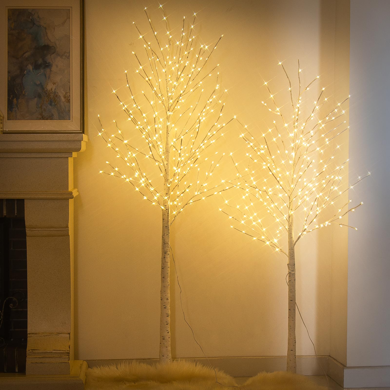 EAMBRITE Lighted Birch Tree Set, White Christmas Trees Indoor Outdoor Decorations, 5FT 6FT Prelit Artificial Tree with Timer & Light Dimmer, LED Twig