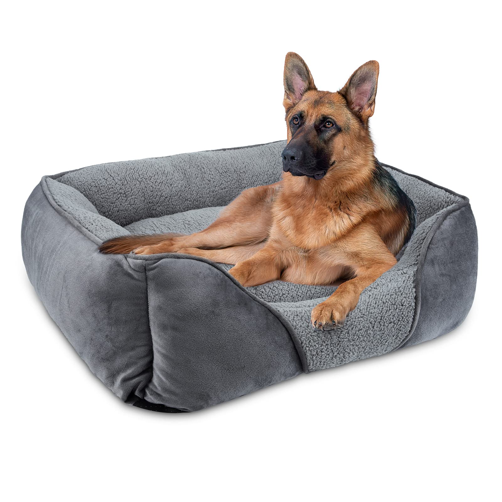 MIXJOY Large Dog Bed Washable, Grey Dog Bed Puppy Beds Orthopedic Pet Bed with Anti-Slip Bottom, Low Front Edge Dog Bed for Border Collie, Golden Retriever, French Bulldog, 76×61×23 cm